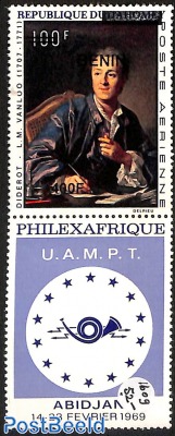 philexafrique, set of 2 stamps, painting diderot, l.m. van loo, overprint